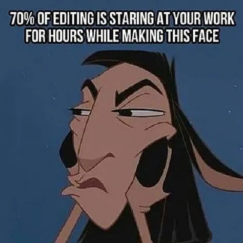 Emperor Kuzco from Emperor's New Groove while a llama, a scrunched up face, his hooves against his cheeks. The caption reads, "70 percent of editing is staring at your work for hours while making this face." This meme illustrates the look I make when writing abolition articles.