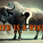 A fantastically huge bison made of rock and mountain with the caption, "Life Is A Right?"