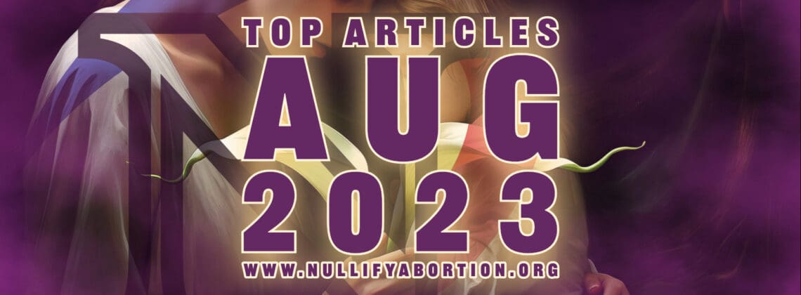 Surrounded by a purple mist, a woman and her daughter hold a lily, the article title and the Nullify Abortion logo overlaid.