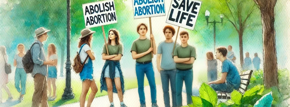 Abortion Abolition Resources with abolitionists standing in a park holding signs politely engaging with the public advocating for the rights of the preborn